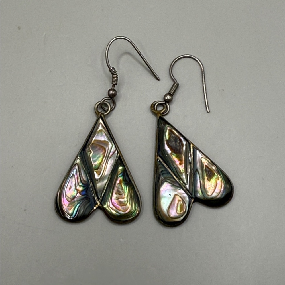 Vintage Alpaca Mexico Abalone Shell Dangle Drop Statement Earrings